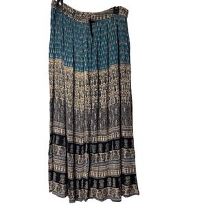 VTG 24 Karat OS Rayon Maxi Skirt Bohemian Floral Print Blue Brown Festival Fairy